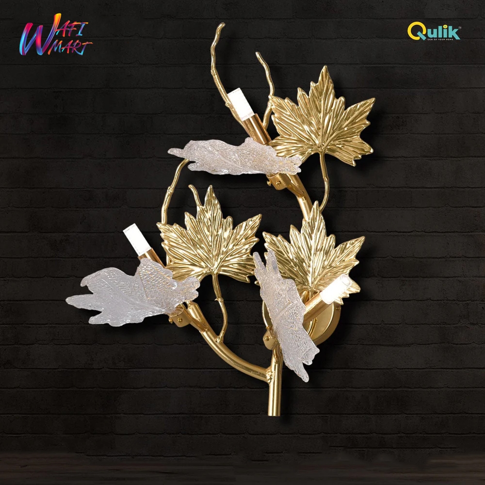 Qulik 3-lights Nordic Wall Lamp Maple Leaf Sconce Metal Aluminum Fixture Creativity Golden Finish With Glass Shade 20 Inch wall light (QL-P6046)
