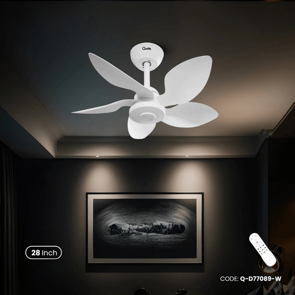 Qulik Flora 28"- Modern Decorative Silent ABS Blade with Remote Ceiling Fan (White) Q-D77089-W