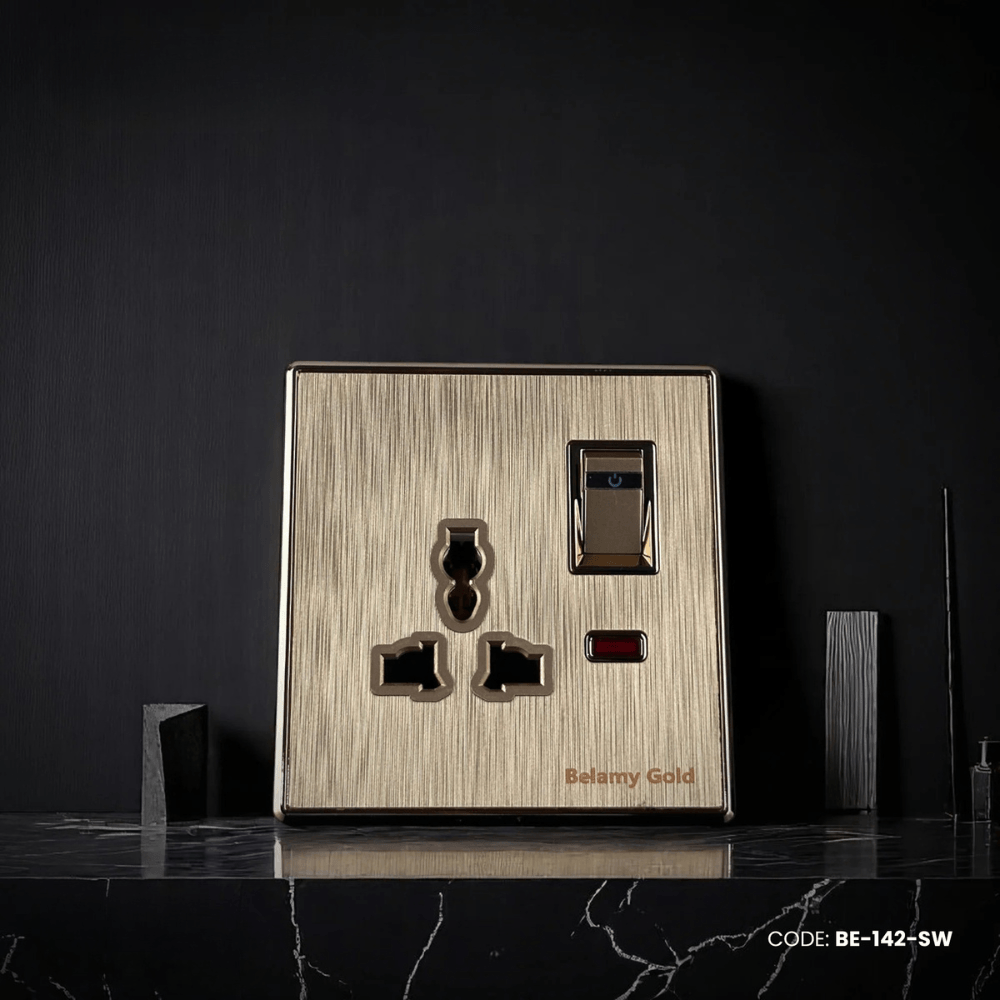 Belamy Golden 3-pin Socket With Switch | BE-142-SW