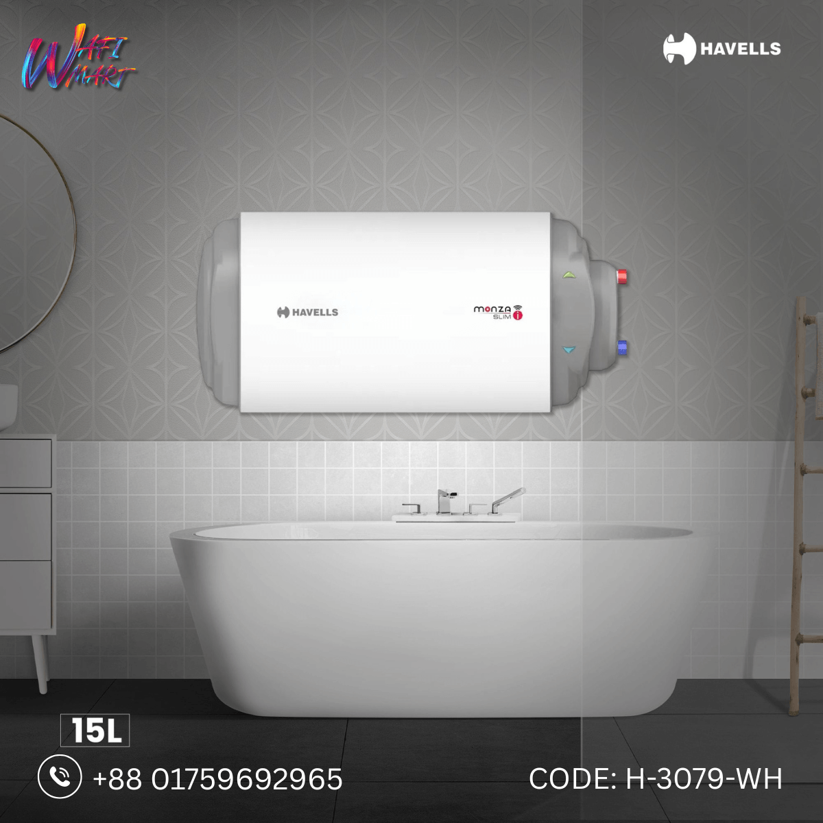 Havells Monza Slim I Right Side Storage Water Heater (Geyser) 15 Litter (H-3079-WH)