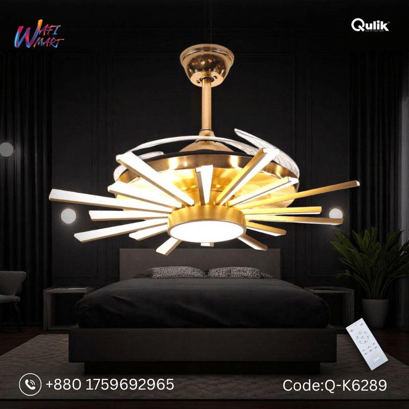 Qulik 48" Modern Chandelier Retractable Invisible Blade Silent 3 Color Change LED Remote Ceiling Fan (Golden) | Q-K6289