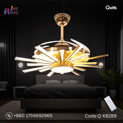 Qulik 48" Modern Chandelier Retractable Invisible Blade Silent 3 Color Change LED Remote Ceiling Fan (Golden) | Q-K6289_img_0
