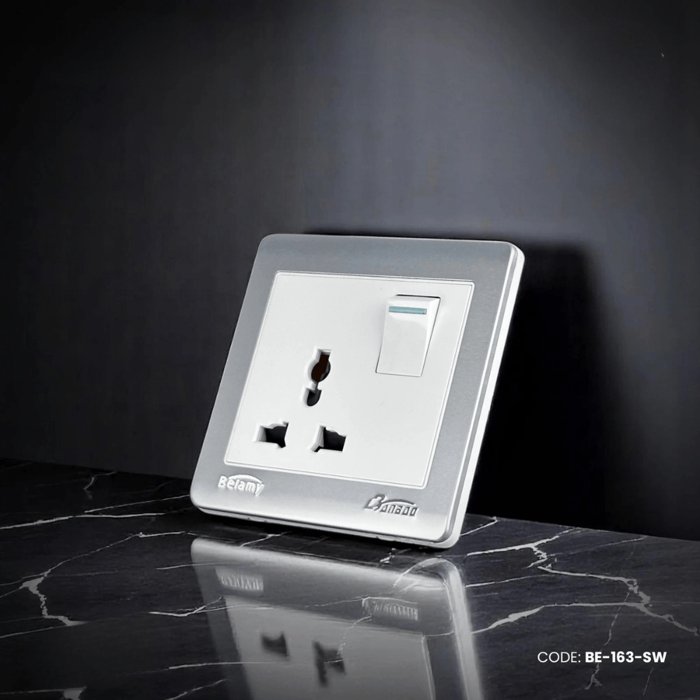 Belamy LK7 LANBAO Grey-White 3 Pin Socket With Switch | BE-163-SW