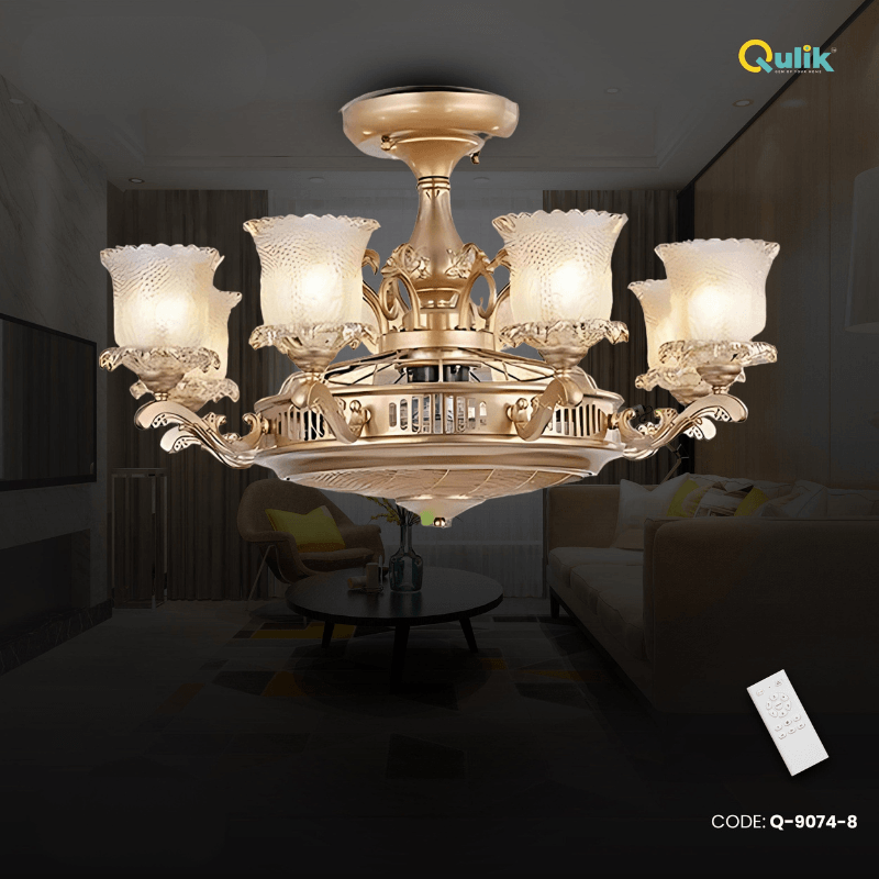 Qulik 48 Inch Modern Chandelier Retractable Invisible Blade Silent 3 Color Change LED Remote Ceiling Fan (Golden) Q-9074-8