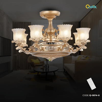 Qulik 48 Inch Modern Chandelier Retractable Invisible Blade Silent 3 Color Change LED Remote Ceiling Fan (Golden) Q-9074-8_img_0