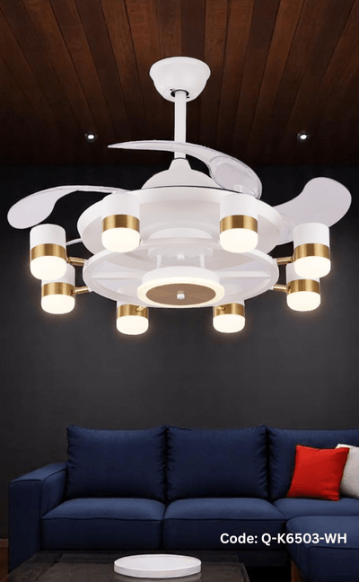 Qulik 48" Modern Chandelier Retractable Invisible Blade Silent 3 Color Change LED Remote Ceiling Fan (White) | Q-K6503-WH_img_0