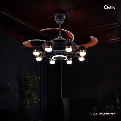 Qulik 48" Modern Chandelier Retractable Invisible Blade Silent 3 Color Change LED Remote Ceiling Fan (Black) | Q-K6503-BK_img_0