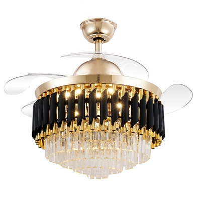 Qulik 48" Crystal Chandelier Retractable Invisible Blade Silent 3 Color Change LED Remote Ceiling Fan (Golden) | Q-T7456_img_0