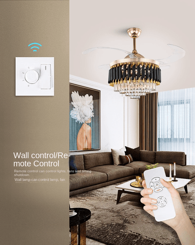 Qulik 48" Crystal Chandelier Retractable Invisible Blade Silent 3 Color Change LED Remote Ceiling Fan (Golden) | Q-T7456_img_2