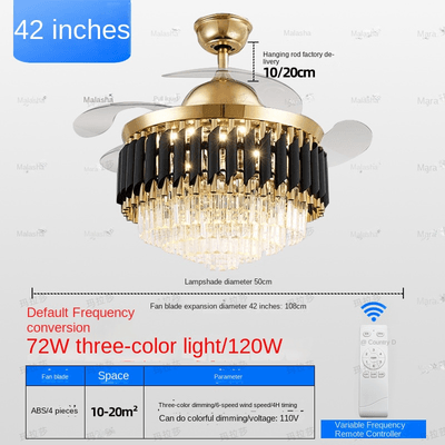Qulik 48" Crystal Chandelier Retractable Invisible Blade Silent 3 Color Change LED Remote Ceiling Fan (Golden) | Q-T7456_img_5