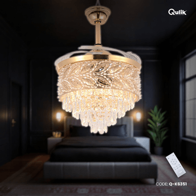 Qulik 48" Crystal Chandelier Retractable Invisible Blade Silent 3 Color Change LED Remote Ceiling Fan (Golden) | Q-K6351_img_0