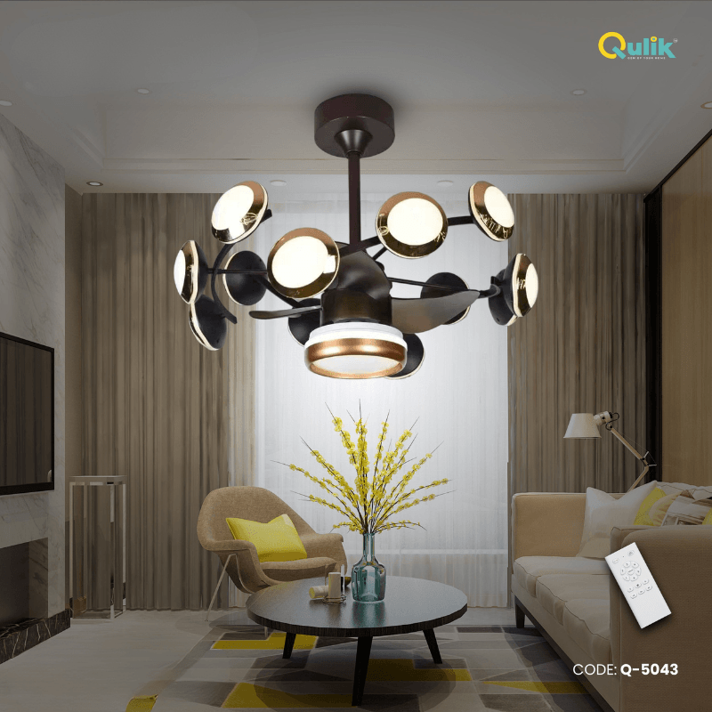 Qulik 48" Modern Chandelier Retractable Invisible Blade Silent 3 Color Change LED Remote Ceiling Fan (Black) Q-5043