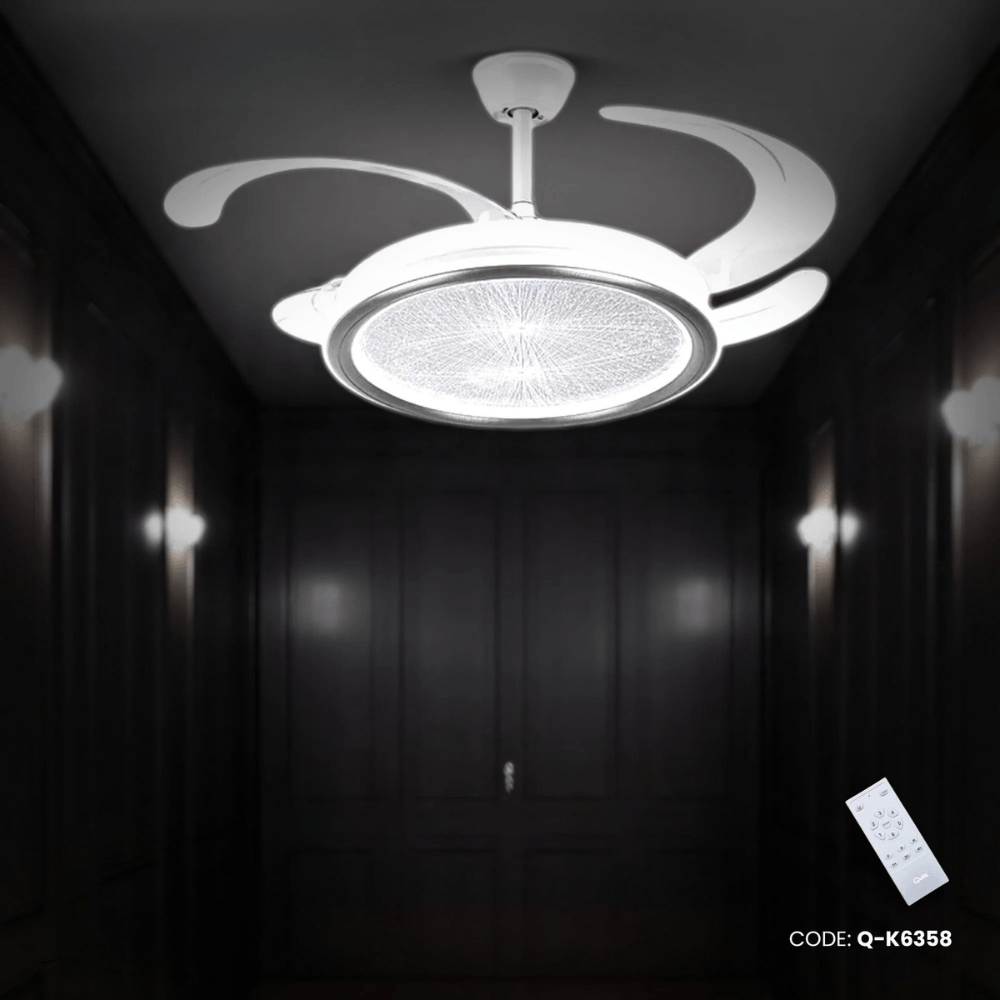 Qulik 48" Modern Chandelier Retractable Invisible Blade Silent 3 Color Change LED Remote Ceiling Fan (White) | Q-K6358