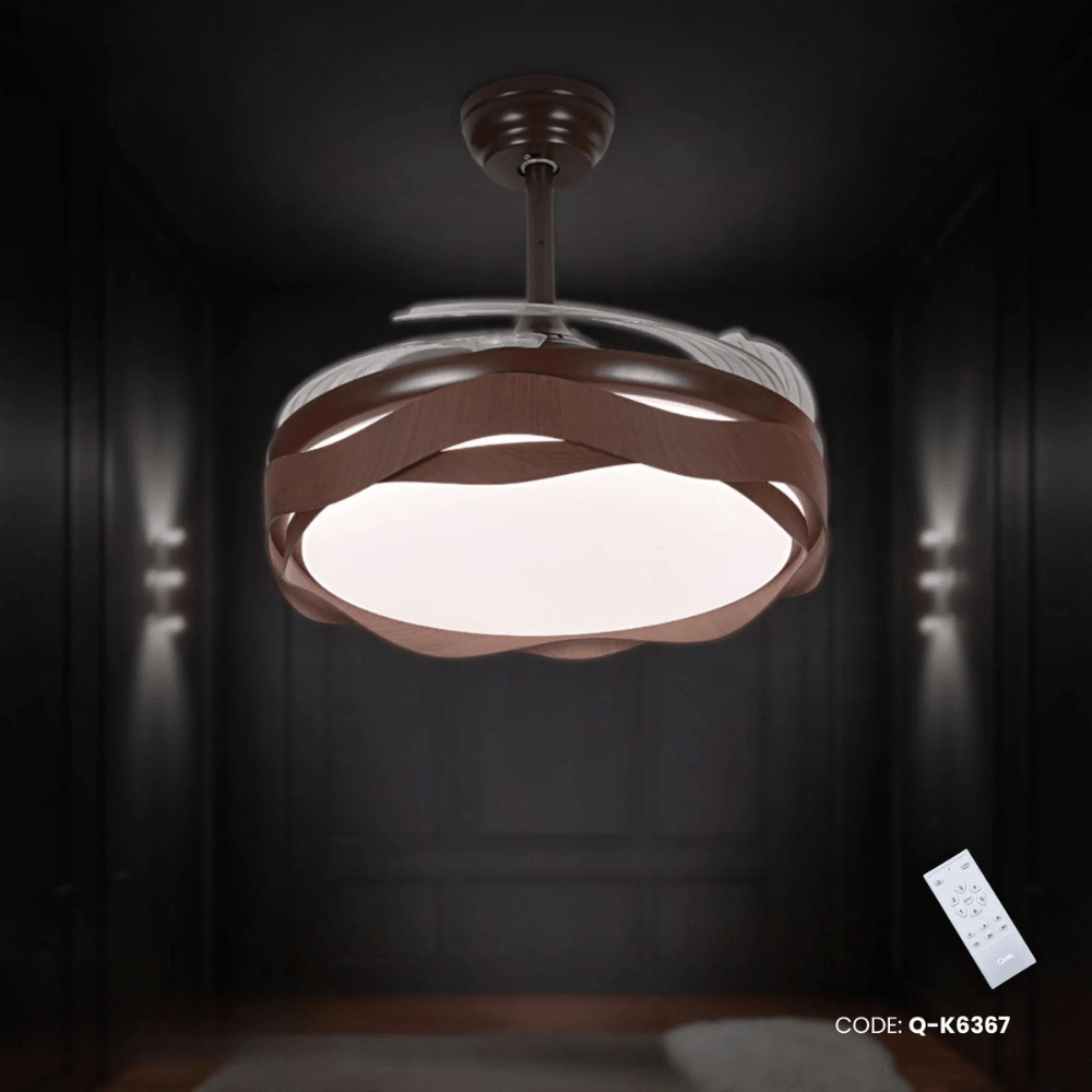 Qulik 48" Modern Chandelier Retractable Invisible Blade Silent 3 Color Change LED Remote Ceiling Fan (Wooden) | Q-K6367