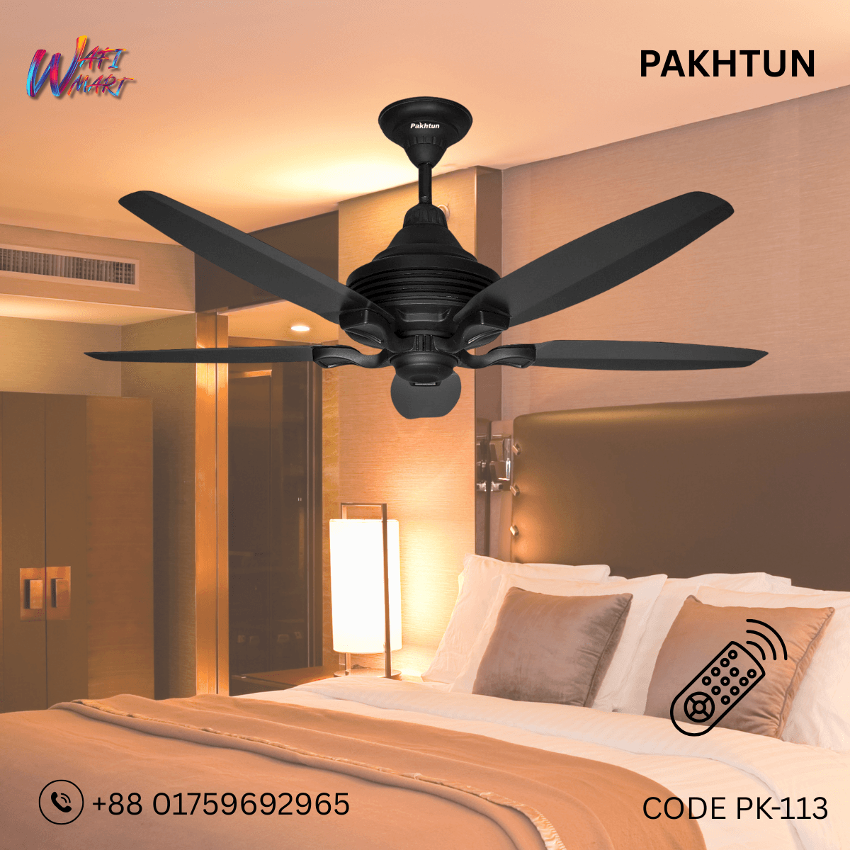 Pakhtun Penta 5- 56 inch BLDC Inverter Remote Control Ceiling Fan ( Black) | PK-113