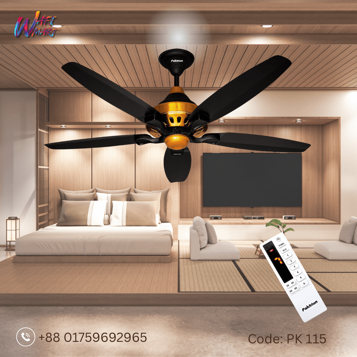 Pakhtun Penta-10 56-inch BLDC Inverter Remote Control Ceiling Fan (Black-Gold) | PK-115
