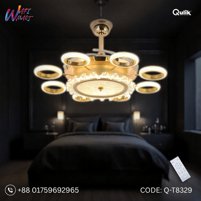 Qulik 48" Modern Chandelier Retractable Invisible Blade Silent 3 Color Change LED Remote Ceiling Fan (Golden) | Q-K6385_img_0