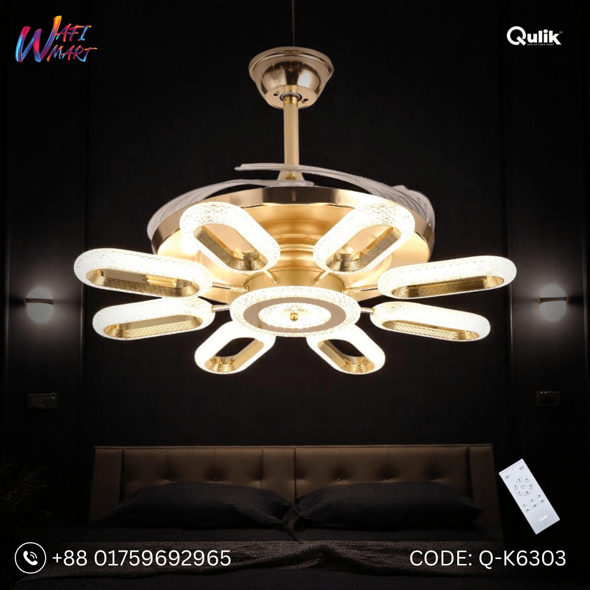 Qulik 48" Modern Chandelier Retractable Invisible Blade Silent 3 Color Change LED Remote Ceiling Fan (Golden) | Q-K6303