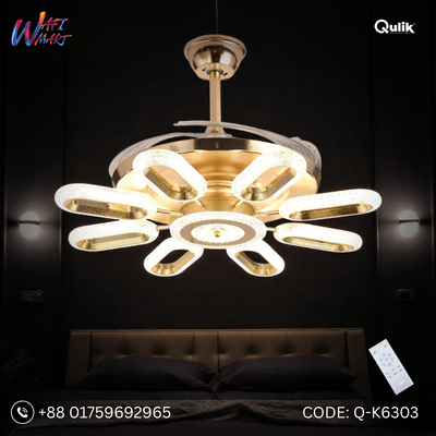 Qulik 48" Modern Chandelier Retractable Invisible Blade Silent 3 Color Change LED Remote Ceiling Fan (Golden) | Q-K6303_img_0