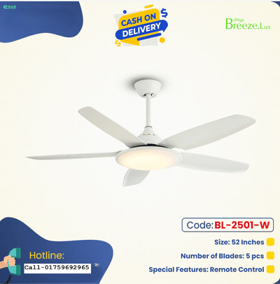 Breezelux 52" Modern Decorative Silent ABS Blade Underlight with Remote Ceiling Fan ( White) BL-2501-W_img_0