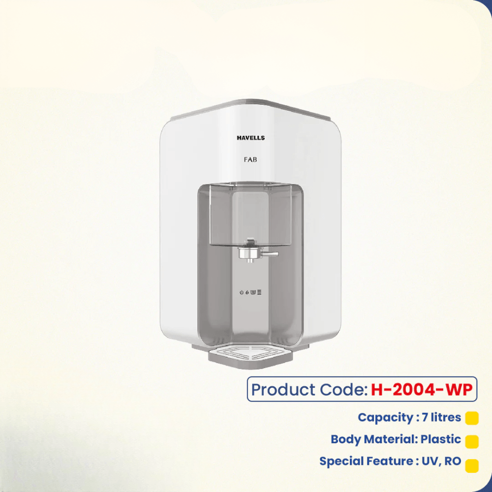 Havells FAB 7 Litre Absoulety Safe RO + UV Water Purifer with 7 Stages, Patented Corner/Wall mounting (Grey and White) H-2004-WP