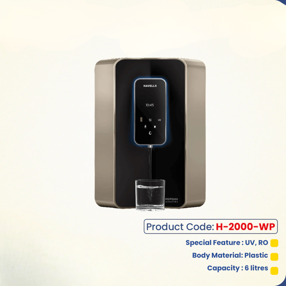 Havells Digi Touch Alkaline 6 L Absolutely Safe RO + UV Purified pH Balanced Water Purifier with 8 Stages, Double UV Purification and Patented Alkaline Water Technology (Champagne and Black) H-2000-WP