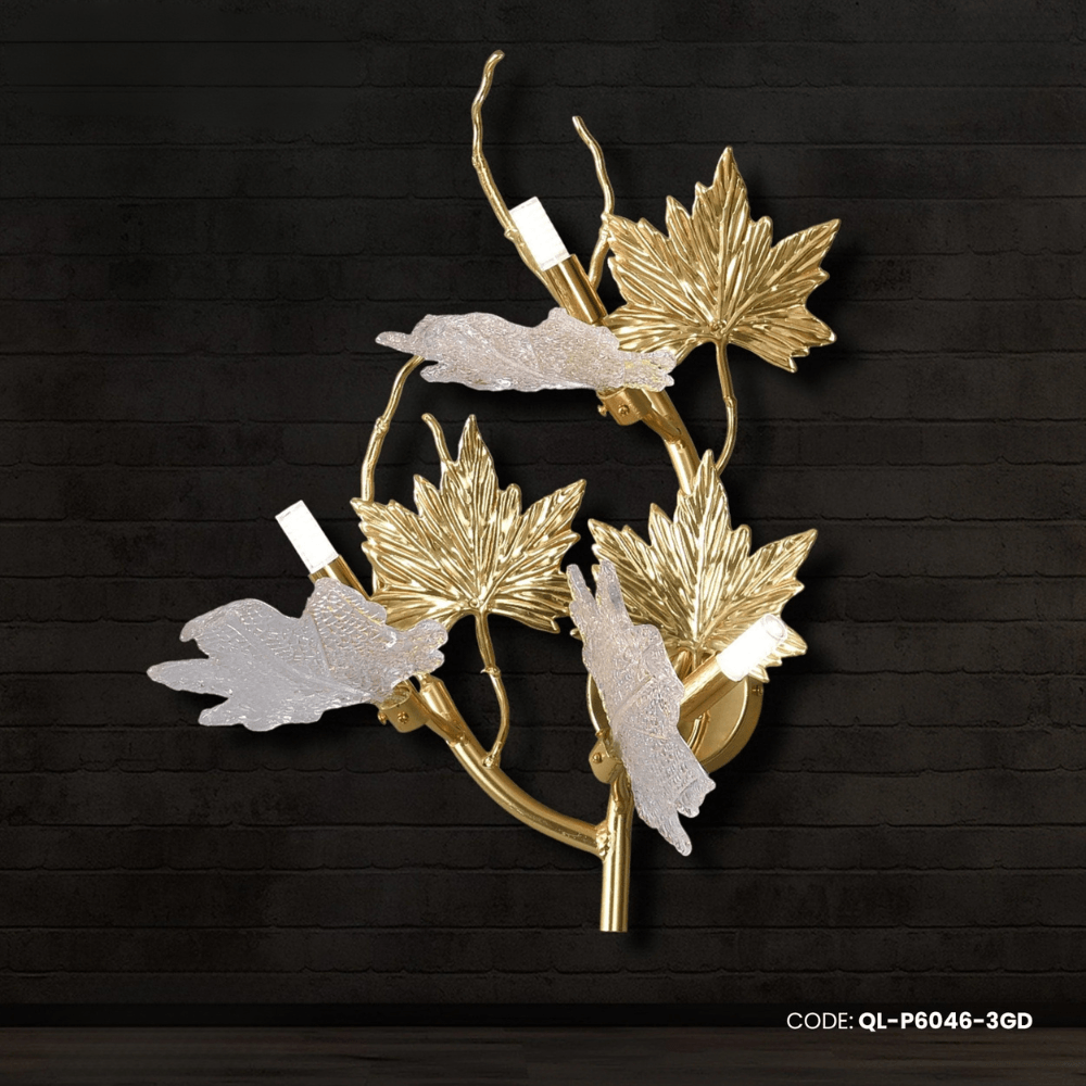 Qulik 3-lights Nordic Wall Lamp Maple Leaf Sconce Metal Aluminum Fixture Creativity Golden Finish With Glass Shade 20 Inch wall light (QL-P6046)