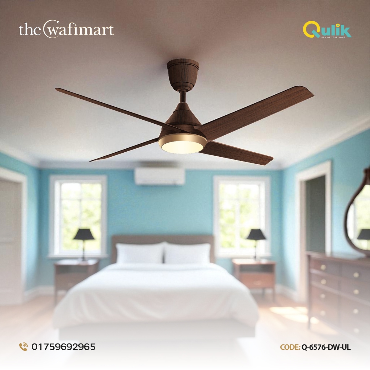 Qulik Alpha Edge 4B 53"- Decorative Energy Saving BLDC Remote Control Ceiling Fan (Dark Wood) | Q-6576-DW-UL