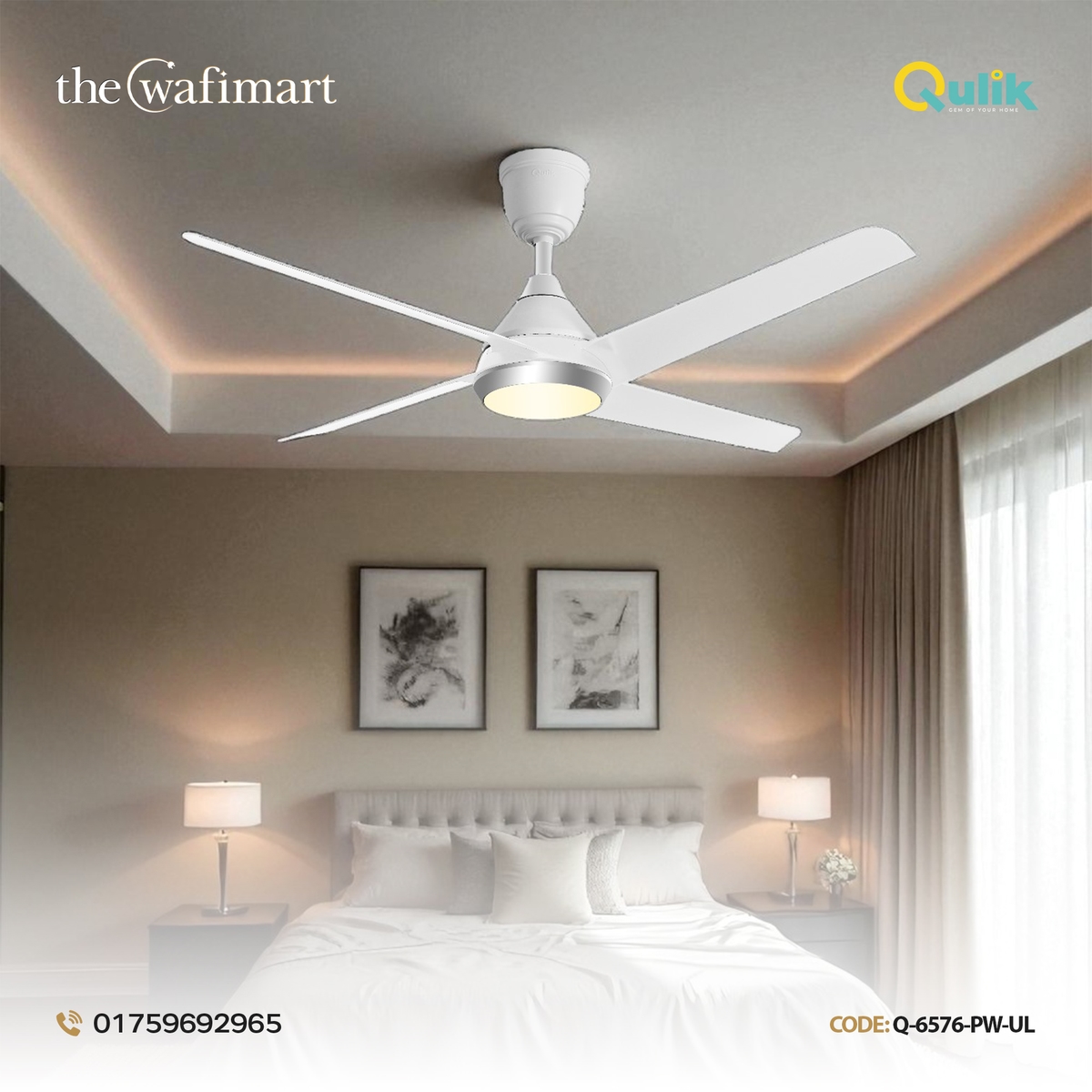 Qulik Alpha Edge 4B 53"- Decorative Energy Saving BLDC Remote Control Underlight Ceiling Fan (Parle White) | Q-6576-PW-UL