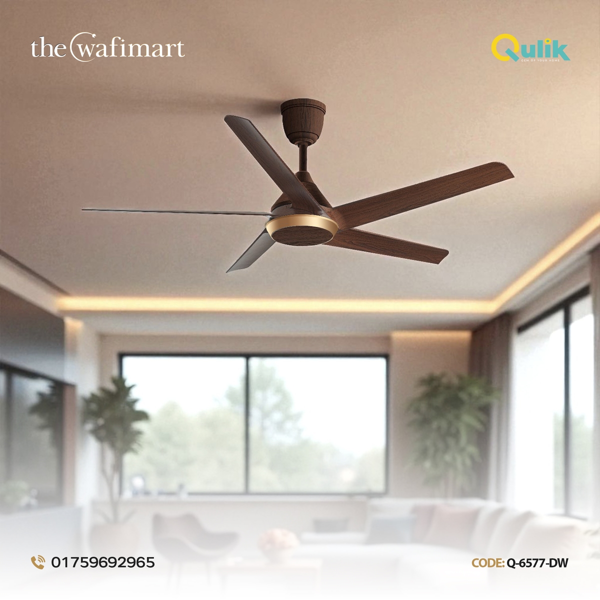 Qulik Alpha Edge 5B 53"- Decorative Energy Saving BLDC Remote Control Ceiling Fan (Dark Wood) | Q-6577-DW