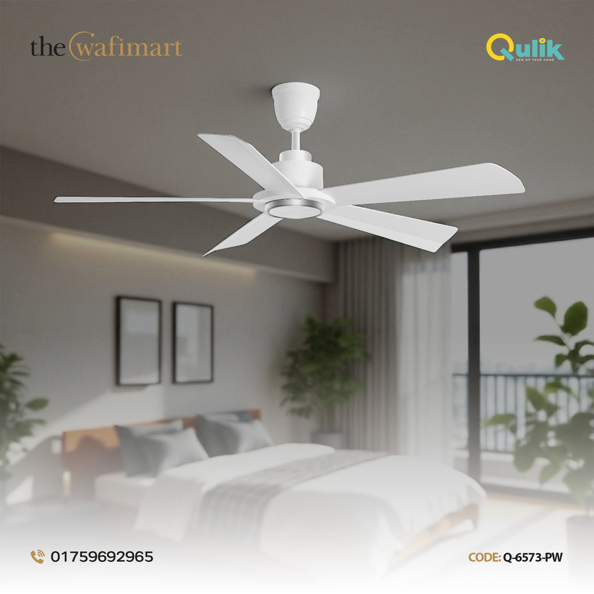 Qulik Quantom 56" Decorative Silent ABS Blade Remote Ceiling Fan (Pearl White) |Q-6573-PW